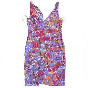 Jones Wear Purple Pink Orange V Neck Floral Knee Length Sleeveless layer Dress